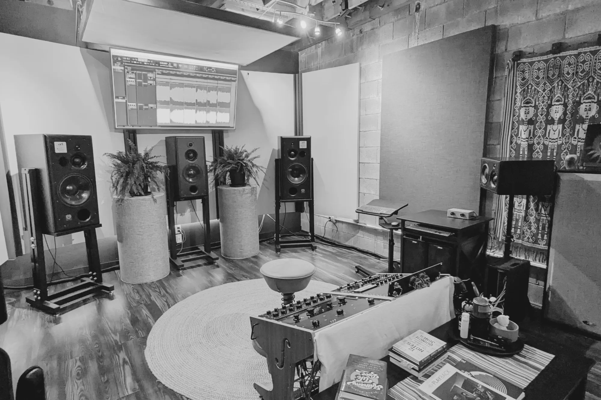 A mastering room with speakers on stands, an analog EQ rack, and a round jute rug